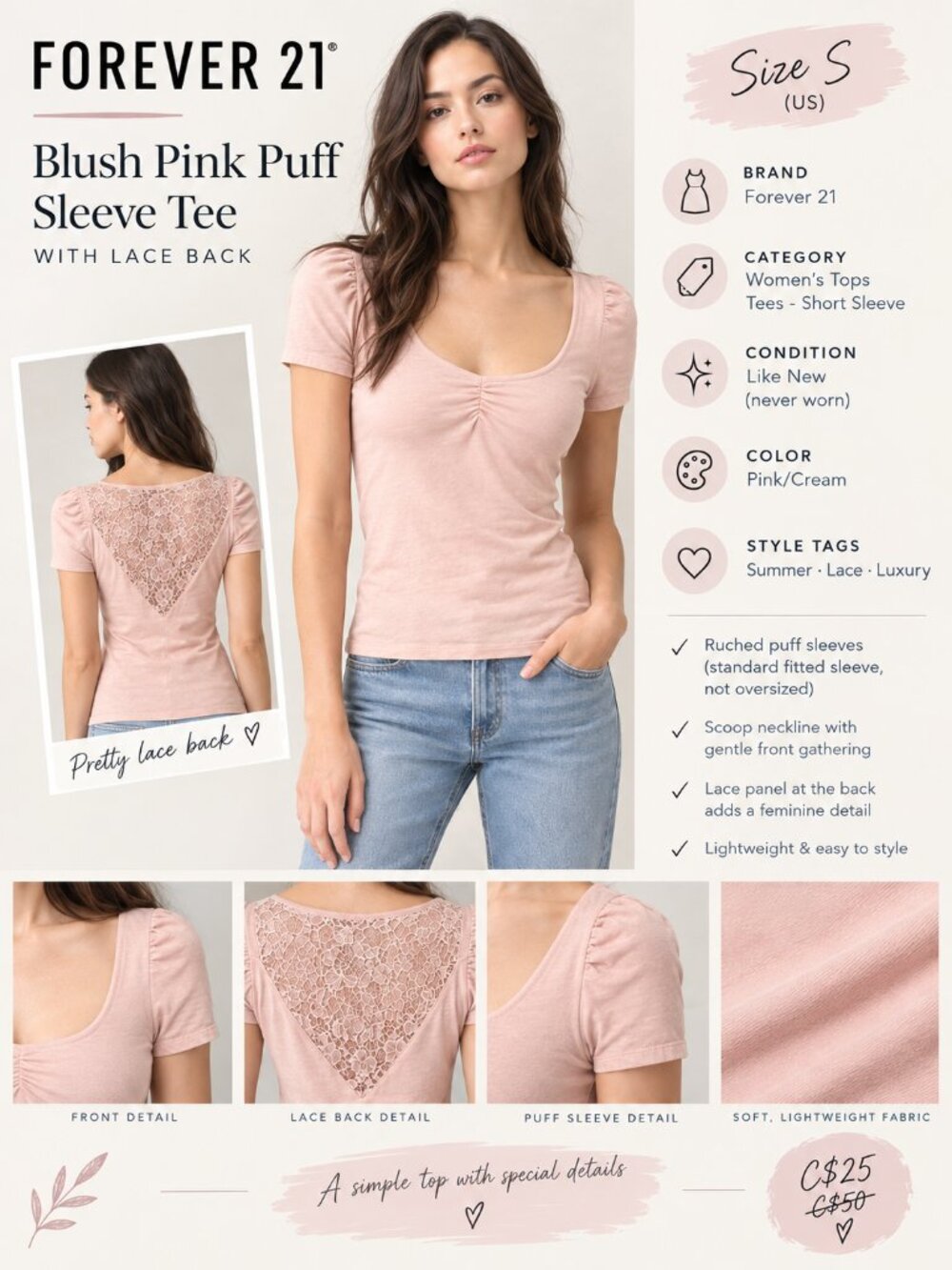 Forever 21 Blush Pink Puff Sleeve Lace Back Top Size S
